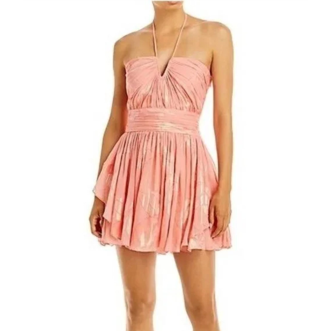 Ramy Brook Peach Metallic Susan Halter Mini Dress Size 6 New